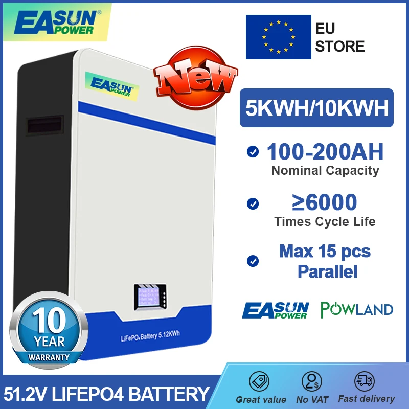 Easun Battery Lifepo4 51.2V 48V 100AH 200AH Lithium Power Storage 5KWH 10KWH Powerwall CAN/RS485 For Home Solar System BMS