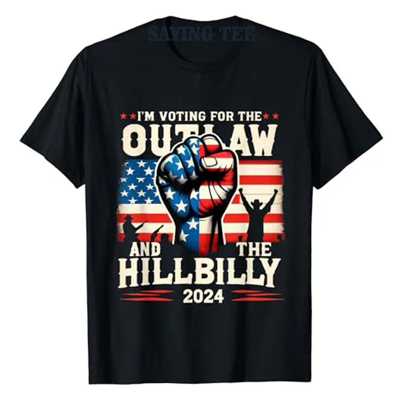 

I'm Voting for The Outlaw and The Hillbilly 2024 US Flag T-Shirt Want 45 To Be 47 Make America Great Again Novelty Campaign Tees