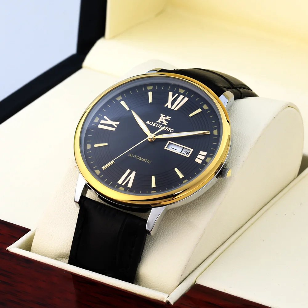 ساعة AOKULASIC للرجال ميكانيكية أوتوماتيكية رفيعة للغاية ذاتية اللف مقاومة للماء ومضيئة وبسيطة للأعمال #6
