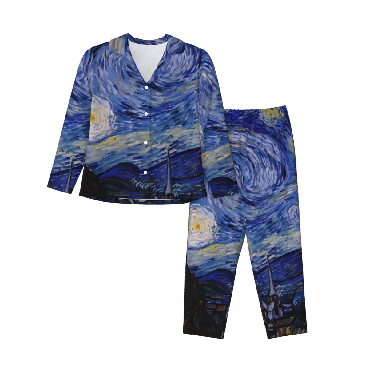 Pajamas Female Vincent Van Gogh Daily Sleepwear The Starry Night 2 Pieces Casual Pajama Sets Long Sleeves Oversize Home Suit