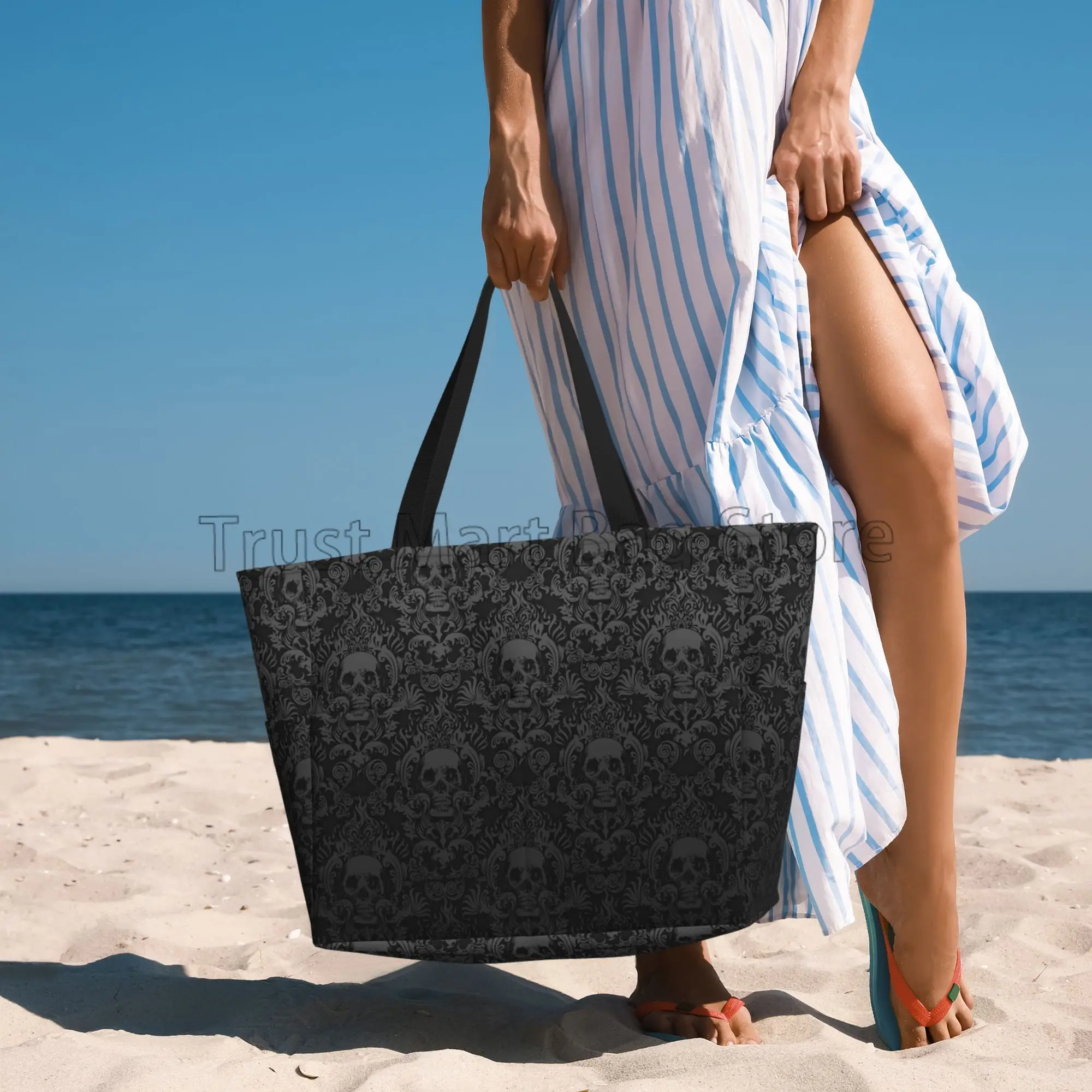 Goth Gothic Black Skull Damask Large Waterproof Beach Bag for Women Sandproof Tote Bag Pool Bag for Travel Vacation Gym Shopping