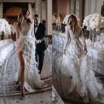 Robe De mariée sirène à col rond avec perles, manches longues, plumes, à la mode, balayage sur mesure, fente haute