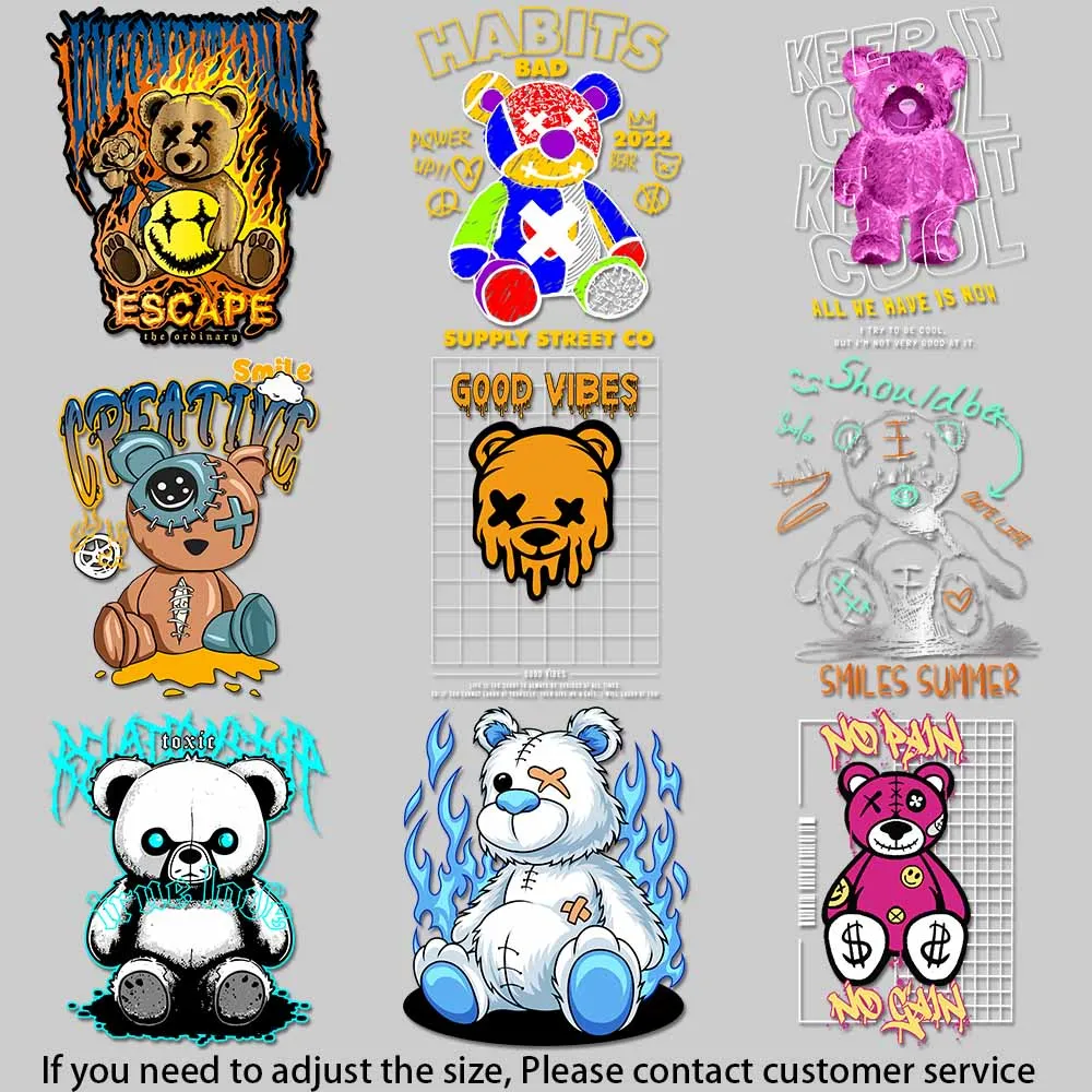Graffiti style teddy bear graphic Trendy cartoon animal illustration heat transfer patches for clothes DIY Decoration