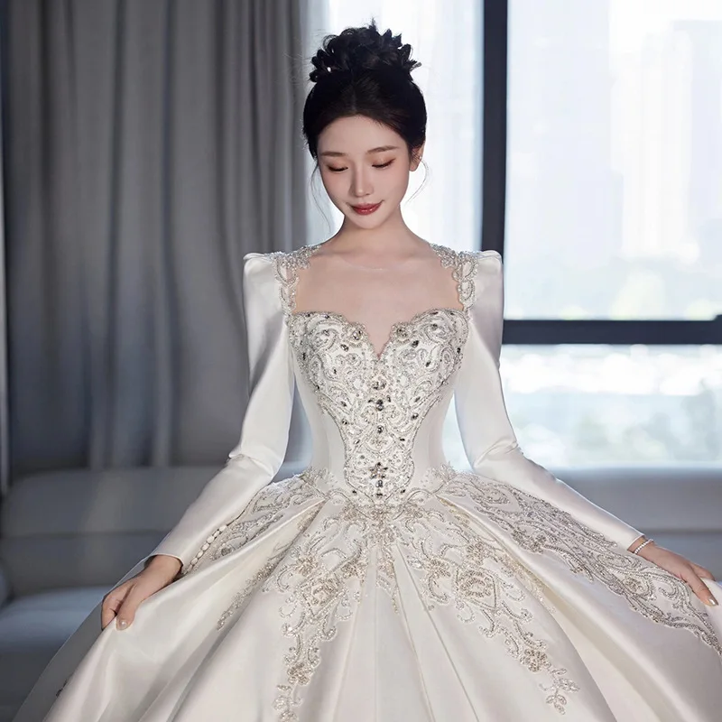 Wedding dress long sleeve satin lace bridal long maxi dresses high-end plus size vintage gown h2993