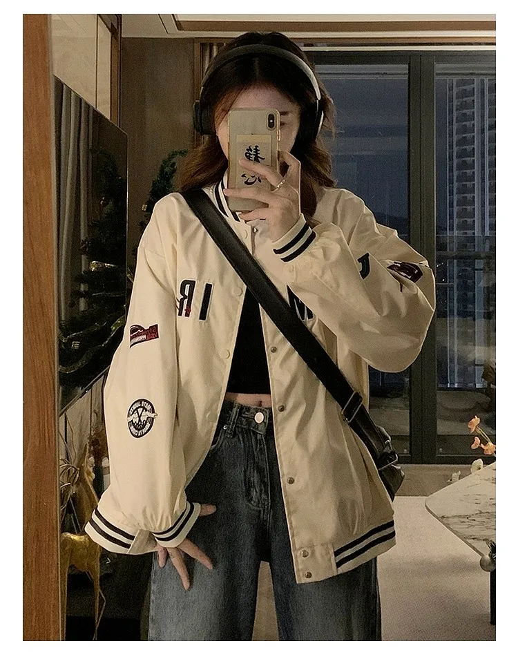 

Baseball Jackets Woman Letter K Womens Winter Upgraded Element Chunky Retro Baggy Anti-Collision Thick Woven Tied Ruffles Ladies