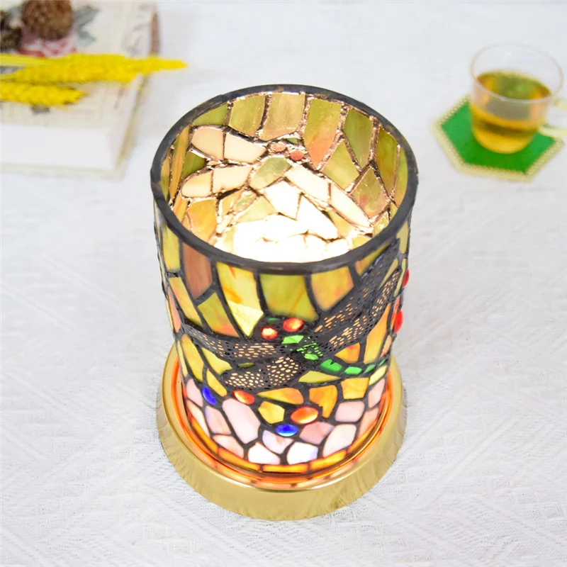 A76K American Country LED Glass Decorative Table Lamp Stained Glass USB Three-Tone Night Light