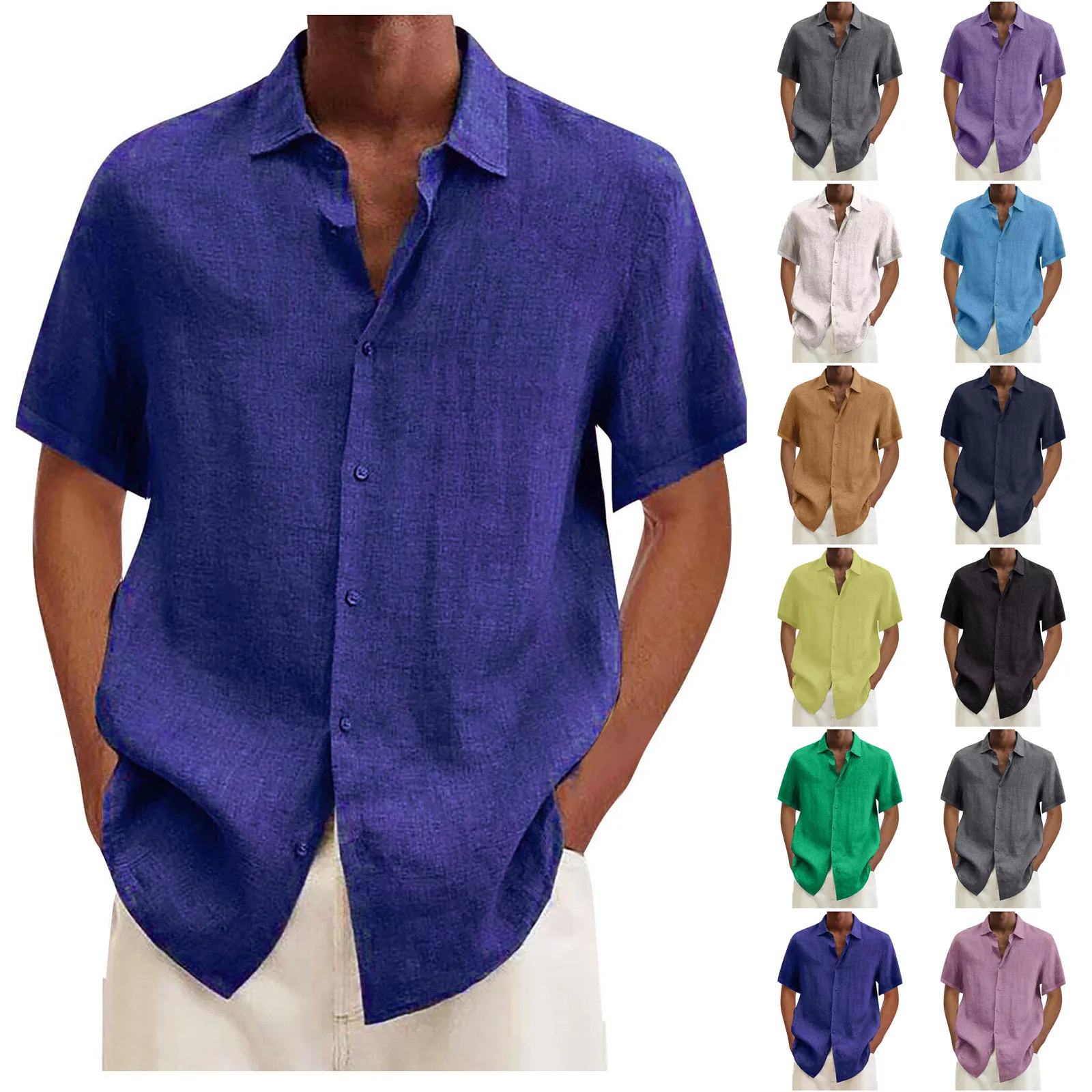 Designer Summer Fashionable Men\'s Smart Casual Cotton Linen Solid Color Short Sleeve Turn-down Collar Loose Shirts For Office