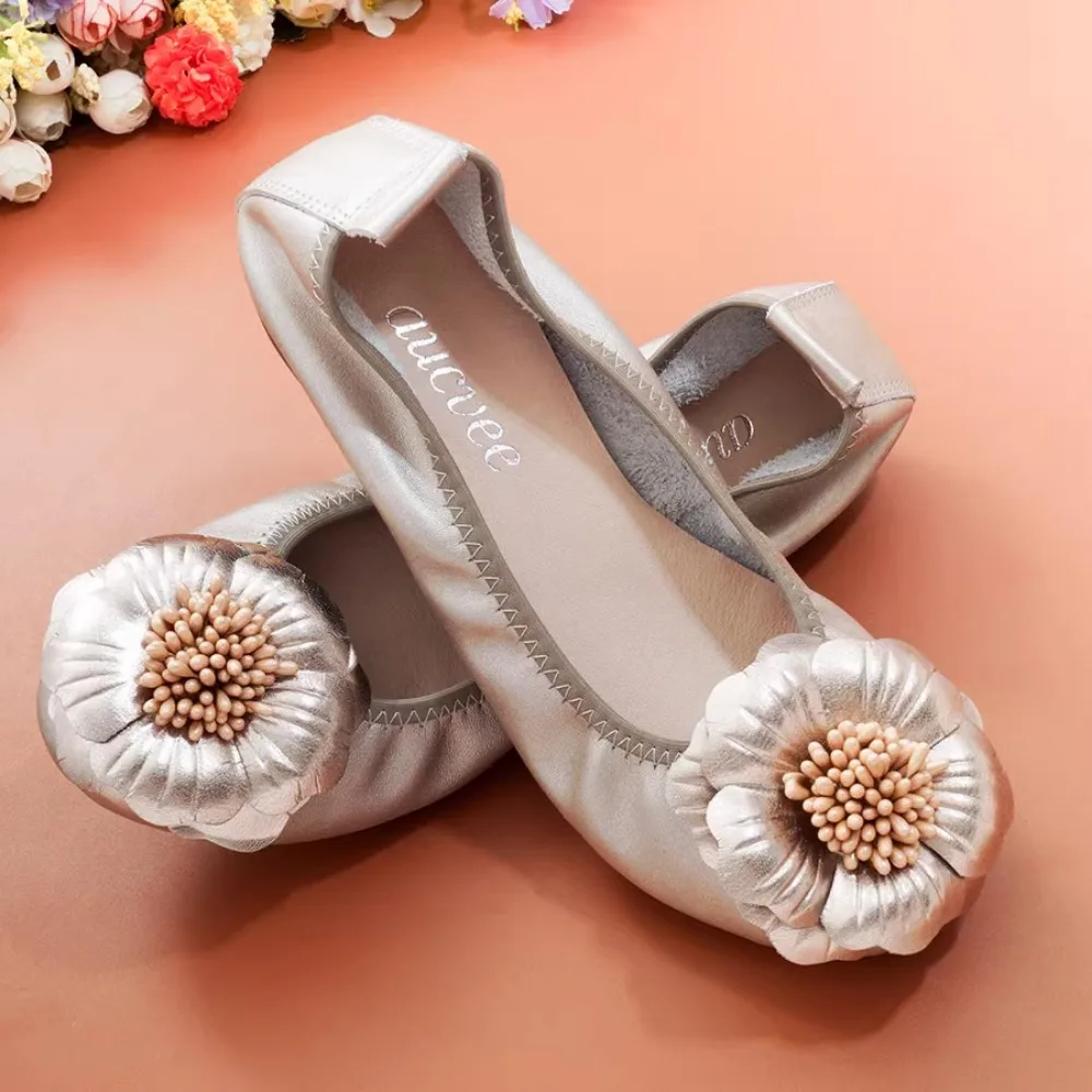 2024 New Summer Women Cutouts Genuine Leather Shoes Comfortable Flower Flats Nurse Casual Handmade Ballet Flats Gold Silver