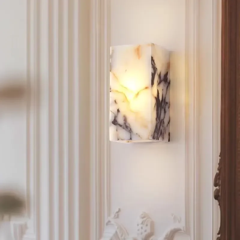 Modern White Cuboid Natural Stone Wall Lamp LED Bedroom Bedside Light Waterproof Living Room Bathroom Fixture High End Decor