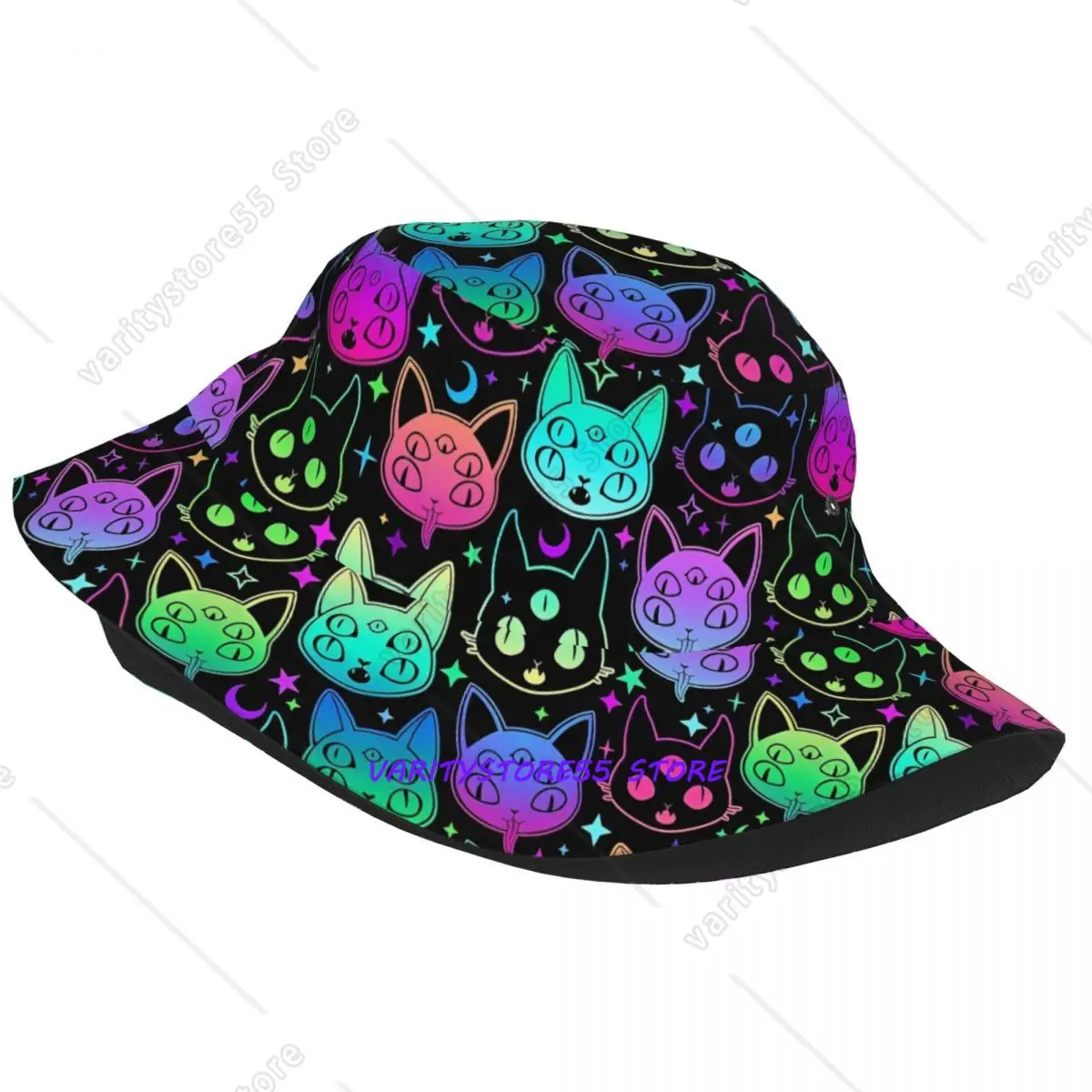 Street Psychedelic Neon Cat Bucket Hat Women Men Outdoor Sports Fishing Cap Summer Beach Vacation Getaway Headwear Bob Hat