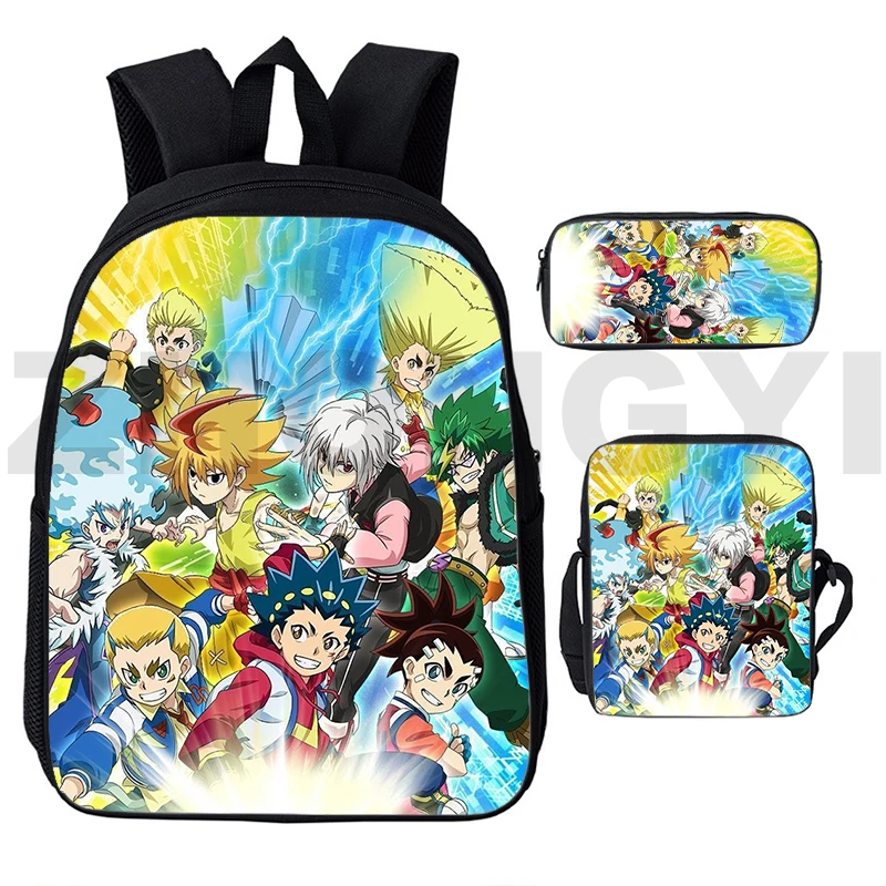 Baru 3D Beyblade Burst Anime ransel sekolah untuk anak laki-laki 3 In 1 tas tangan kanvas trendi tas buku kartun anak-anak tas Makeup perjalanan sehari-hari