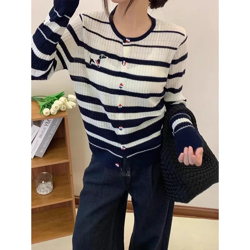 Women Clothing Striped Fashion Y2k Sweaters Cartoon Embroidery Vintage Knitted Cardigan Autumn Winter Elasticity Knitwear