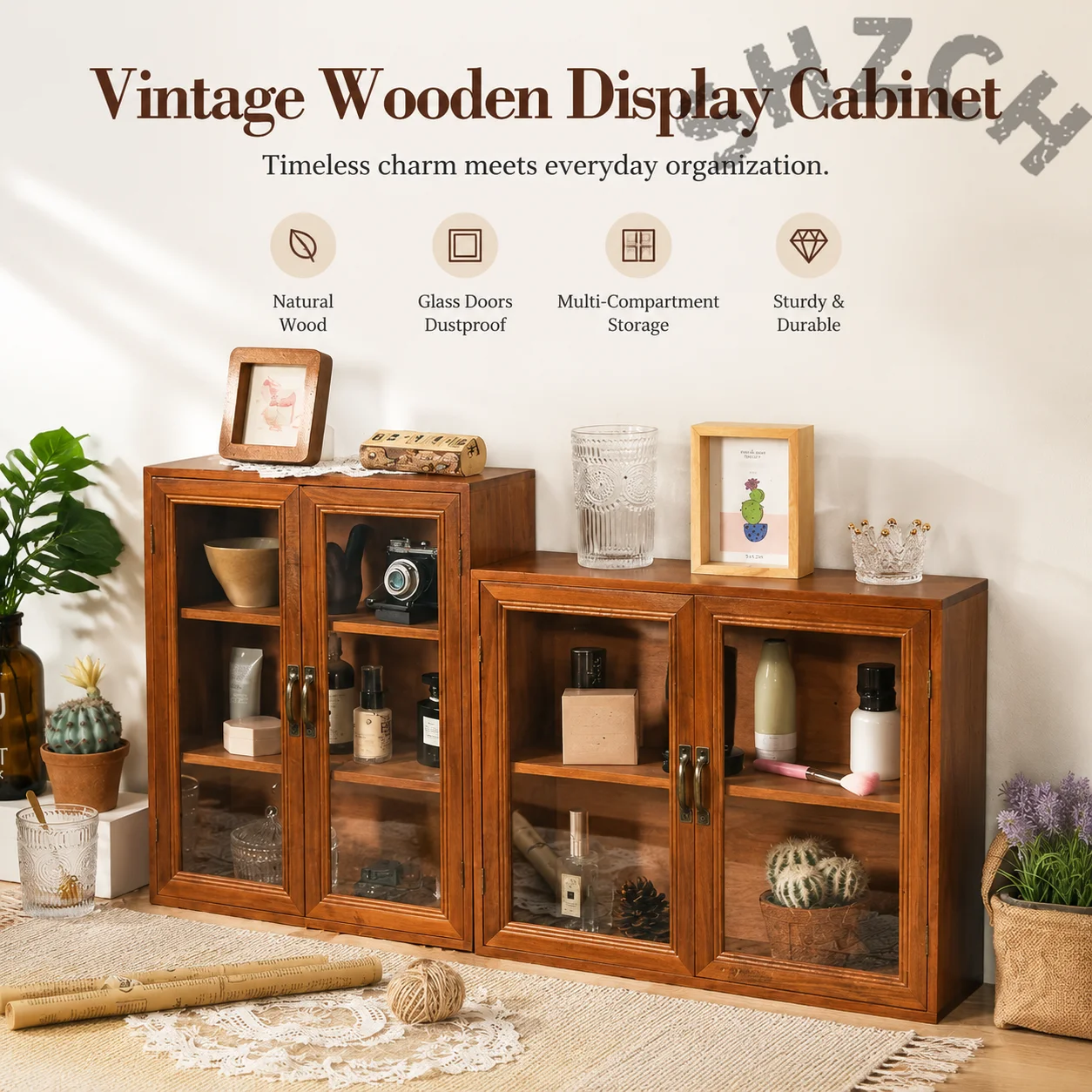 Vintage Handcrafted Storage Cabinet Multi-Layer Wooden Organizer Tea Set Display Cabinet Decorative Two-Door Storage Unit