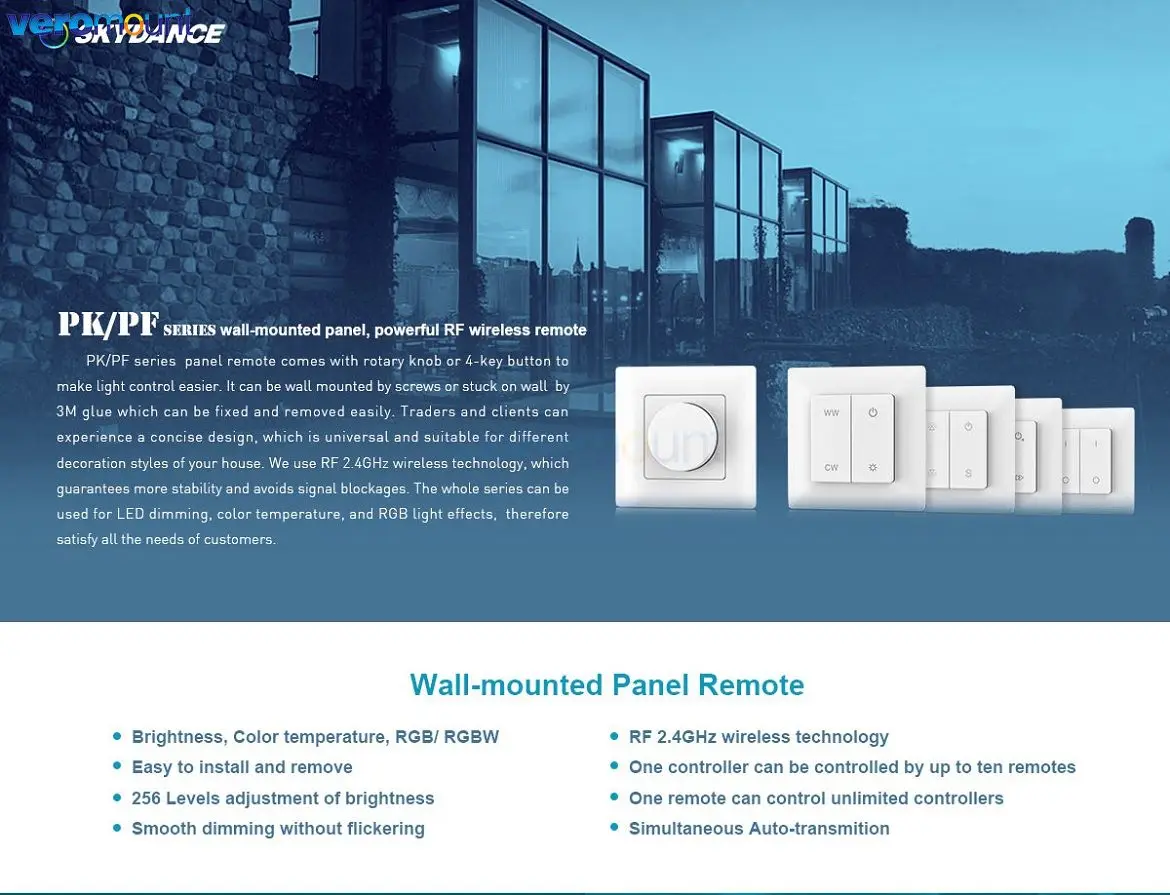 PK1 Dimmer da pannello per montaggio a parete a 1 zona RF Manopola rotante wireless Telecomando per controller dimmer monocolore Skydance