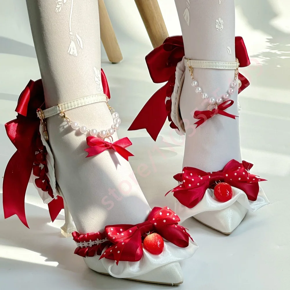 

Women's White Red Bowknot Stiletto Heels 2026 Summer New Pearl Chain Ankle Strap Pumps Sweet Lolita Bridal Wedding Shoes