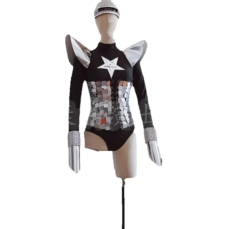 Vrouwen Groep Jazzdans Outfit Goud Zilver Spiegels Vliegende Schouder Body Bar DJ DS Gogo Suits Pole Dance Club Wear