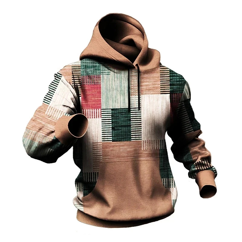 Autumn Men\'s Hoodie For Sweatshirt 3d Plaid Printed Long Sleeve Pullover Street Man Clothing Men\'s Oversized Hooded Sweater 2024