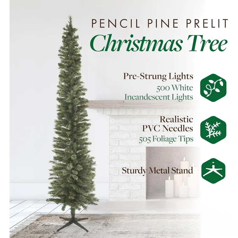 9 Foot Skinny Pencil Pine Pre-Lit Artificial Christmas Tree Holiday Decor with 500 White Clear Lights Stand,Realistic Details