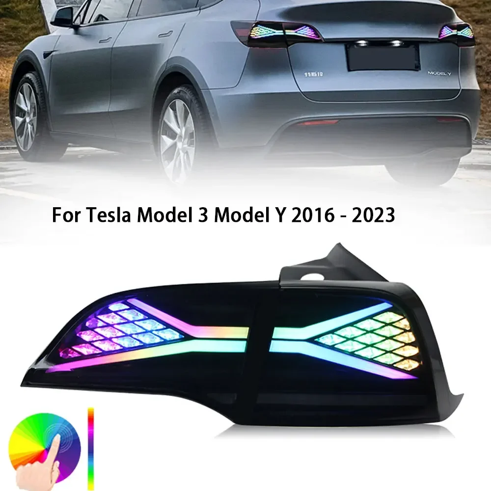 

Автомобильные фары для Tesla Model 3 2016-2023 Model Y, светодиодные автоматические задние фонари в сборе, обновленная сигнальная лампа RGB, аксессуары для инструментов