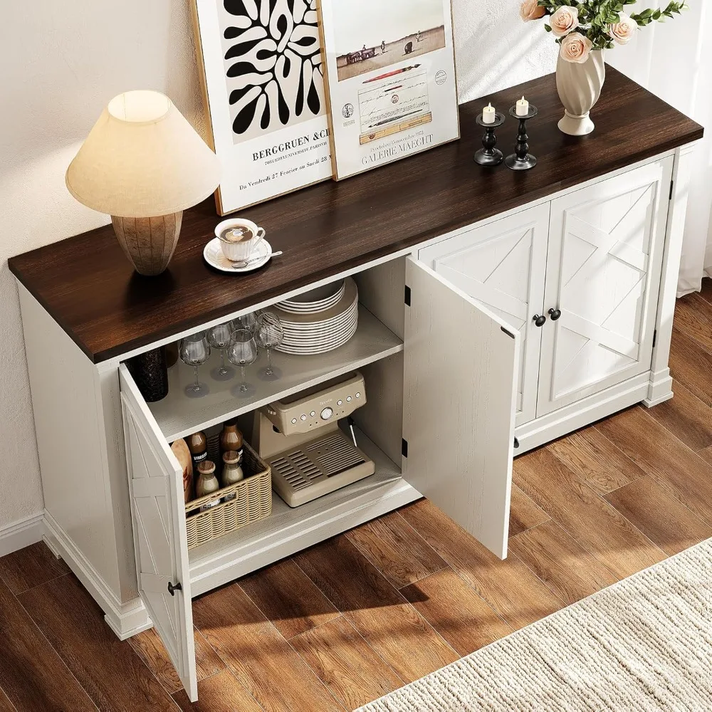 ONBRILL 63インチ バッフェキャビネット 収納付き、大型サイドボードキャビネット 4つの納屋戸付き、調節可能な棚、木製コーヒーバー