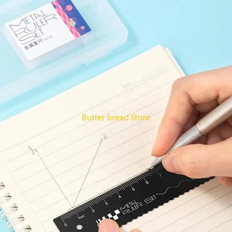 W89C Metal Drafting Ruler Geometry Tool Set with Straight Ruler Set Square Protractor