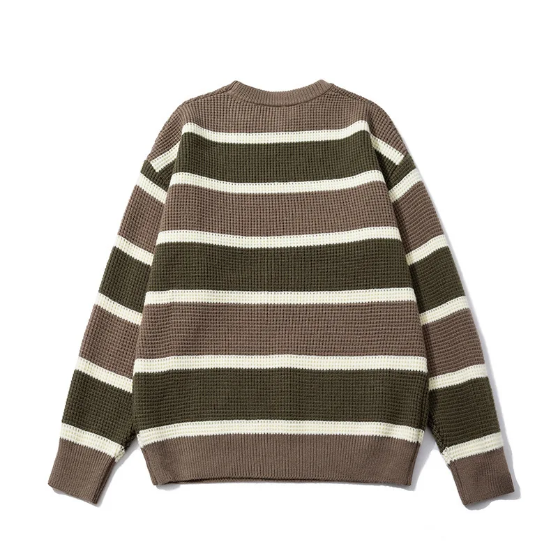 2024 New high-end retro contrasting lazy striped sweater for autumn and winter, men's loose casual round neck warm knit sweater