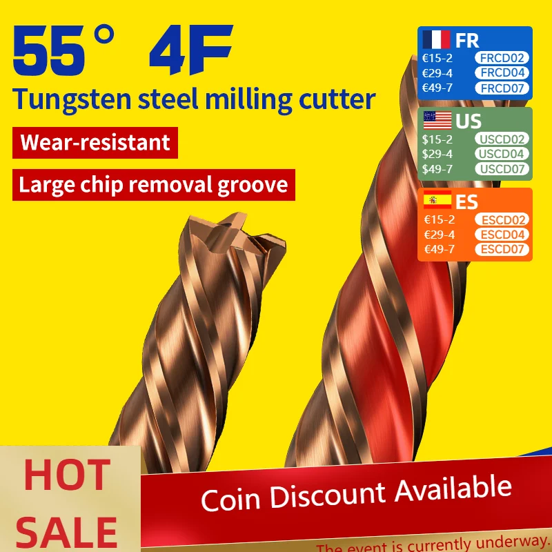 

4-Flute Tungsten Carbide End Mill 55° Extended Straight Shank CNC Tool with High Hardness Coating for Flat Bottom