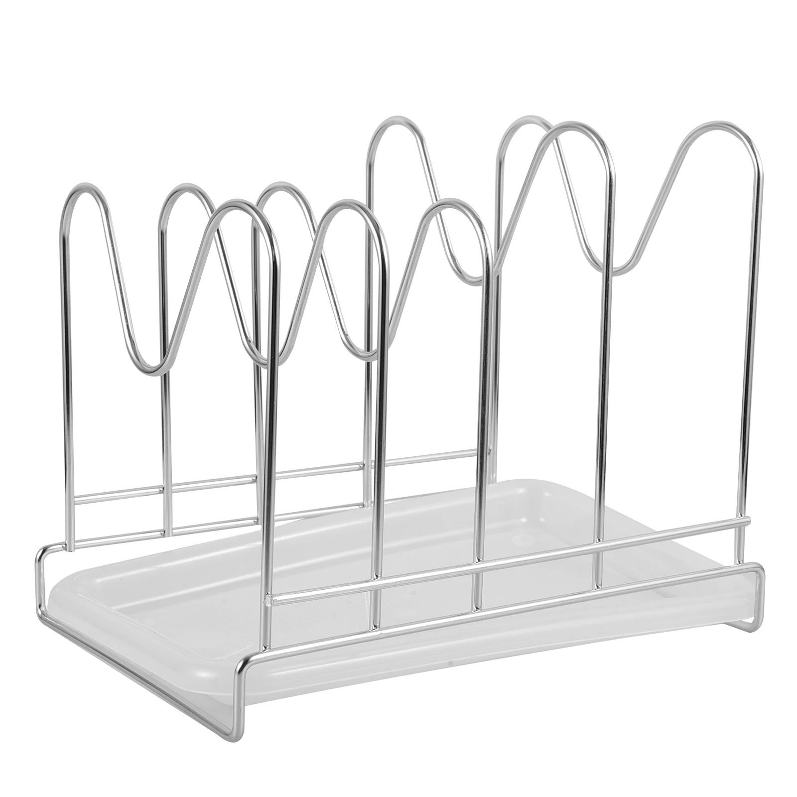 

Stainless Steel Cutting Board Rack Wavy Design Pot Lid Organizer with Draining Tray for Kitchen countertop Storage