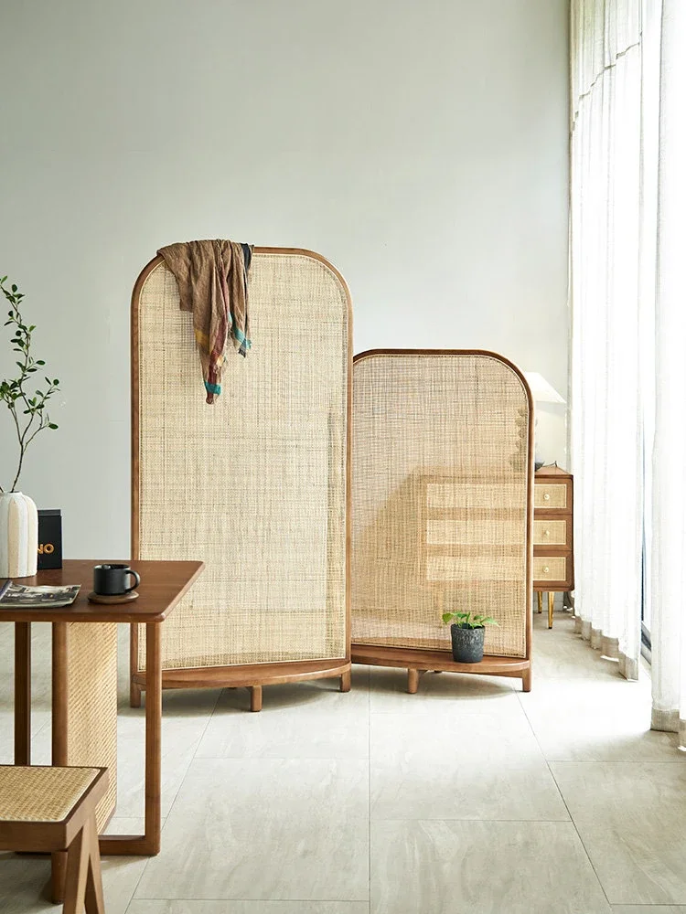 

Retro Rattan Seat Screen Partition Wall Small Apartment Living Room Entrance Block Movable Silent Style Tea Room Screen