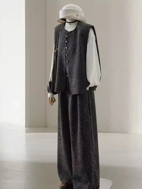 plus Size Women's Vest Pants Set High Waist Wide Leg Autumn Casual Sportswear Two-Piece Suit Lightweight Maturi round Ne