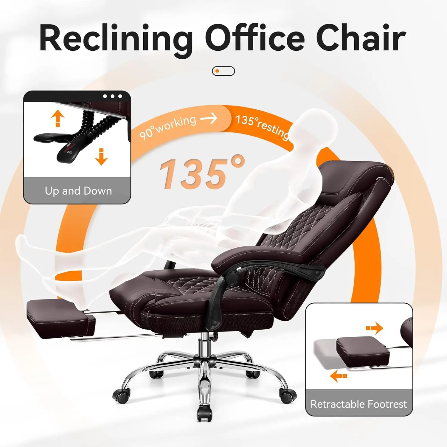 Office Chair, Executive Leather Chair Adjustable High Back, Ergonomic Computer Desk Chair Lumbar Support, Big and Tall Office