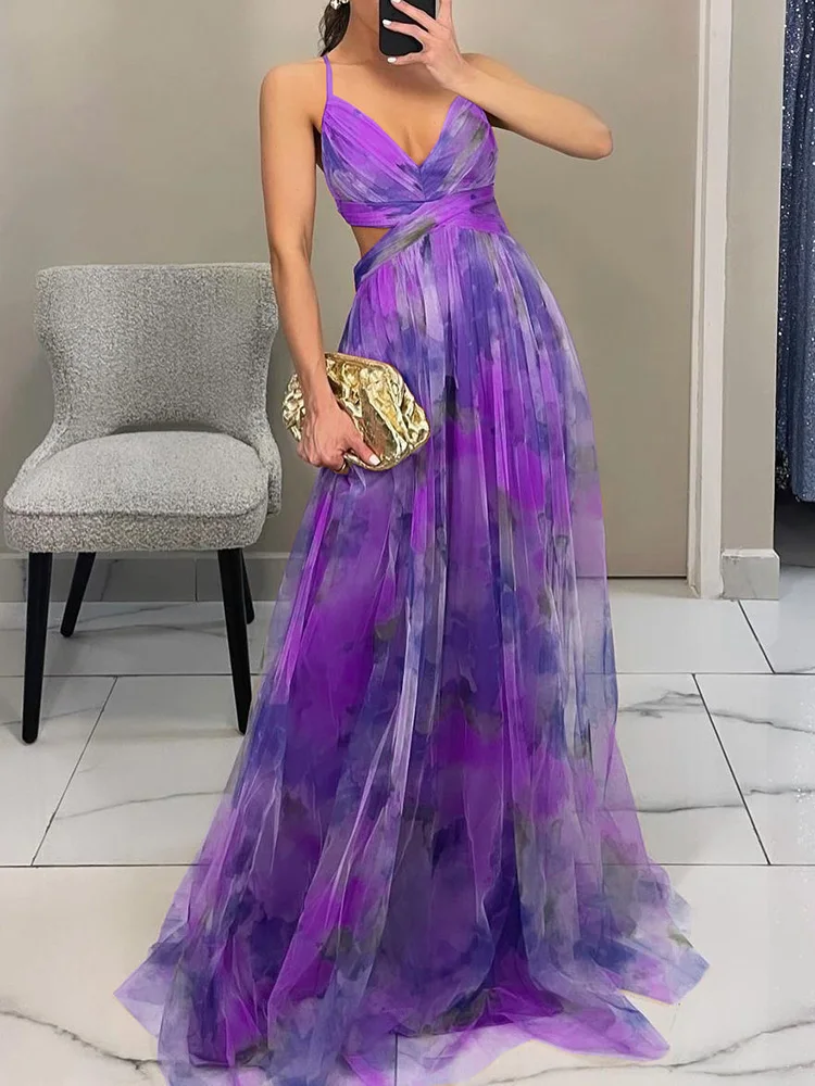 V-Neck Sexy Hollow Out Party Dress, Women Summer Loungewear Fashion Printing Maxi Dress, Sleeveless Lace-Up Ladies Dress Vestido