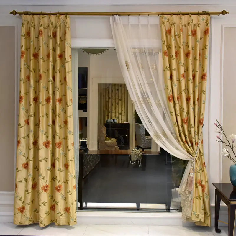 Chinese Style Yellow Embroidered Thickened Glossy Curtains for Living Rooms Bedrooms Villas Custom Embroidered Window Screens