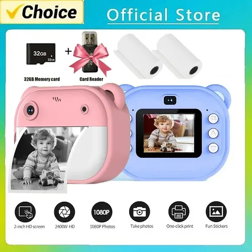 Cámara Digital para niños, impresión instantánea para niños, cámara de impresión térmica, cámara de impresión fotográfica instantánea, juguetes de vídeo + tarjeta de memoria de 32G