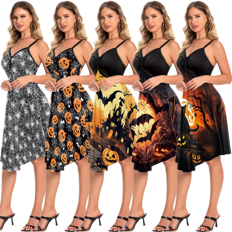 

Halloween Costume Horror Skull Print Bodycon Dress Women Party Carnival Masquerade Backless Slip Dress Party Carnival Outfit
