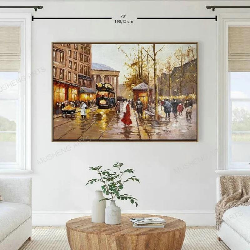 

Handmade Paris Old Street Oil Painting Modern Triumphal Arch French Landscape Wall Art on Linen Canvas for Living Room Decor