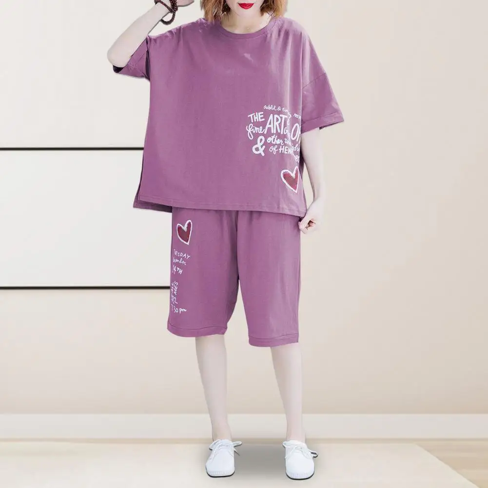 Loose Fit Women Suit Women's Casual Tracksuit Set Letter Print T-shirt Knee Length Shorts with Elastic Waist Comfortable Daily