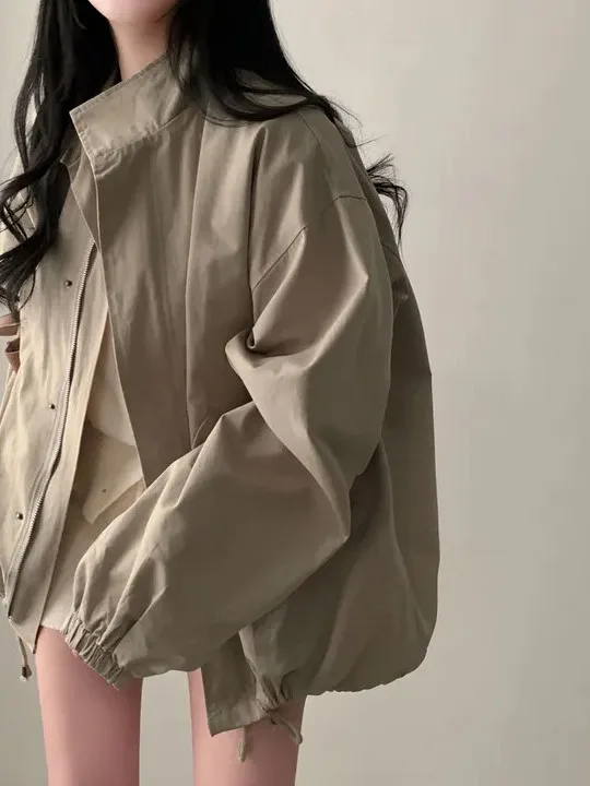 Retro Stand Collar Short Coat Jacket Women's Loose Korean Style Autumn Outerwear Slimming Design Casual Fashion Top