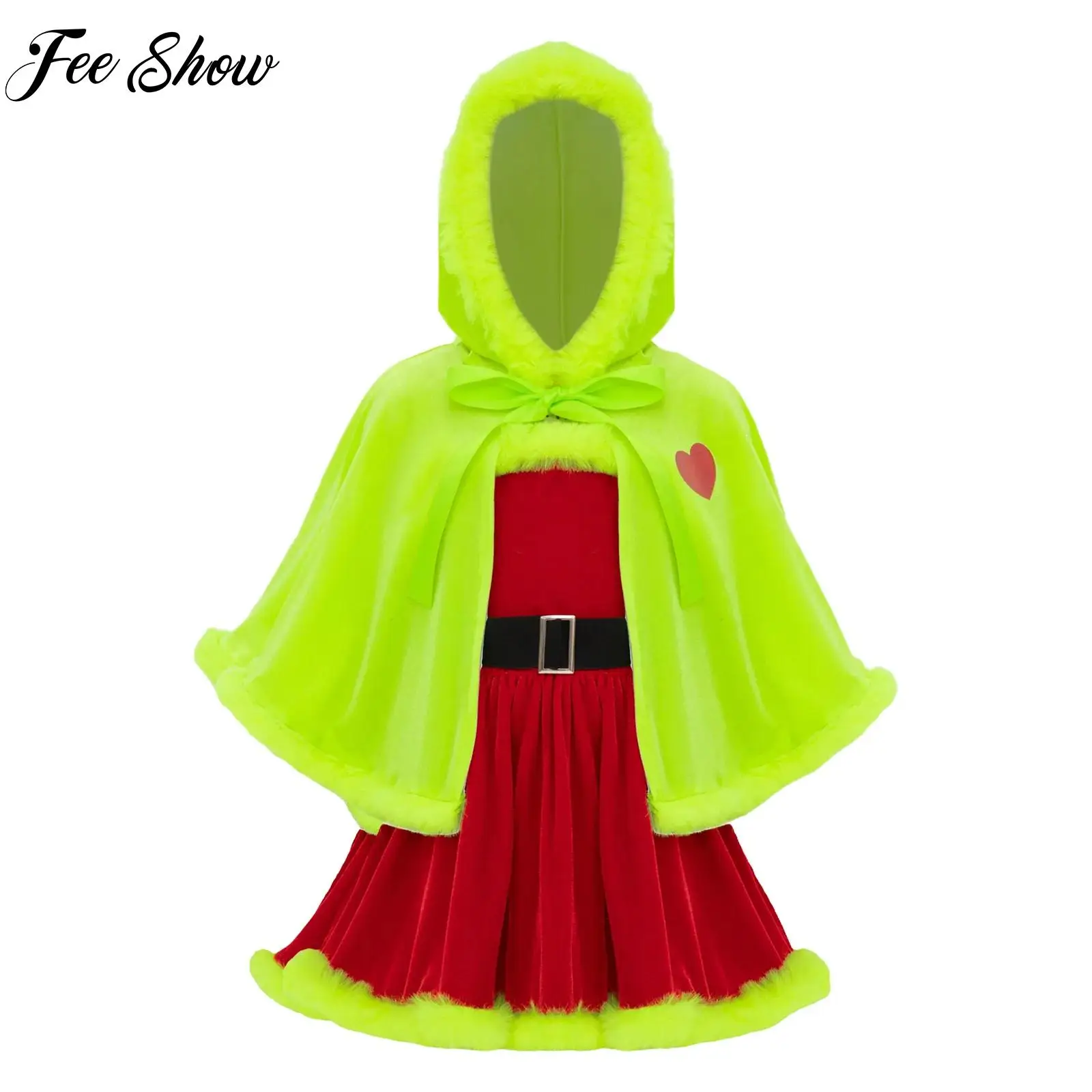 

Girls Christmas Santa Claus Cosplay Costumes Figure Skating Ballet Dance Dress with Hooded Shawl Cape for Xmas Holiday Party