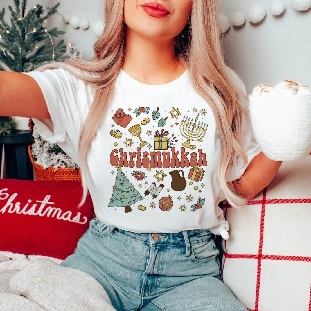 Chrismukkah Hanukkah Christmas Jewish Printed New Year's T-Shirt O-Neck Pattern Christmas Gift Women's Casual Style T-Shirt