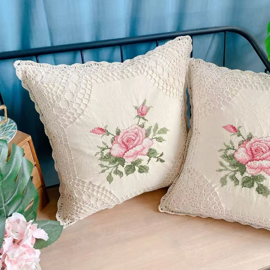Boho Embroidered Crochet Pillow Covers Decorative Retro Handmade Woven Cotton Pillow Case Beige Square Cushion Cover Home Decor