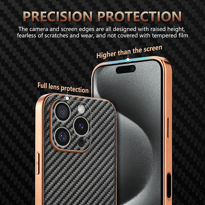 for iPhone 16 15 14 Pro Max Plus Case Carbon Fiber Texture PU Leather Soft Cover Plating Bumper All-round Camera Shell Fundas