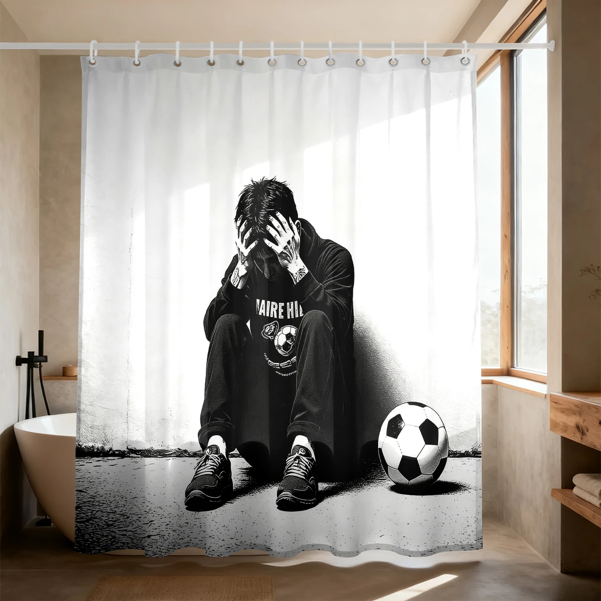 1pc Depressing Football Boy Shower Curtain Fashionable Privacy Protection Curtain Shower Living Room Bathroom Decoration