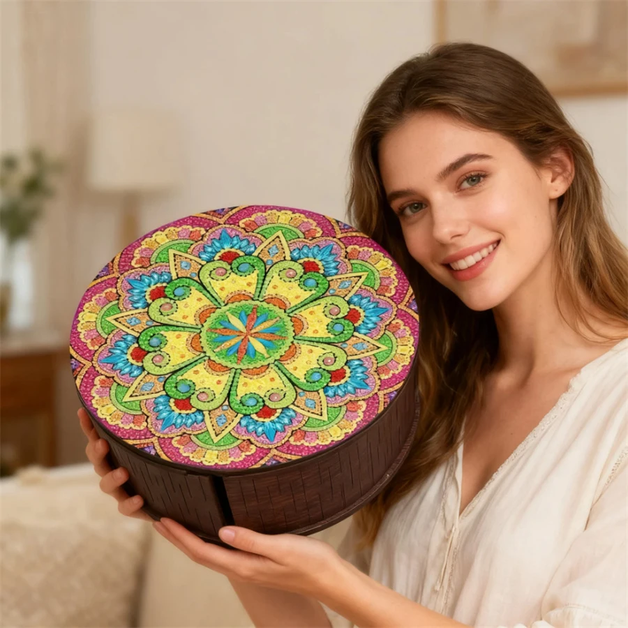 

2026 Creative DIY Diamond Painting New Collection Wooden Box Round Mandala Storage Large Capacity Box Jewelry Case