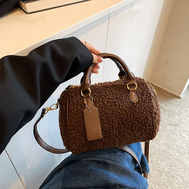 Women Winter Teddy Fleece Cylinder Handbag Vintage Plush Boston Bag PU Leather Trim Top Handle Crossbody Shoulder Purse