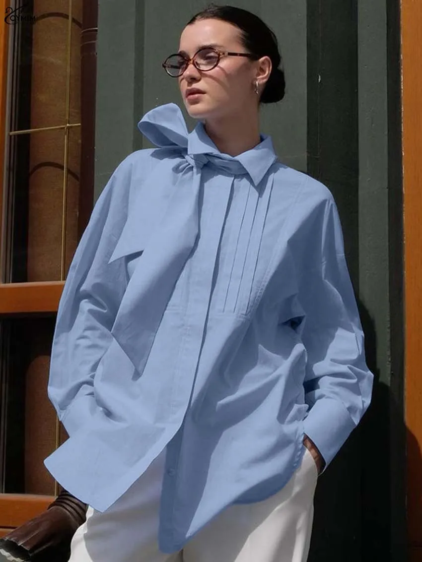 Oymimi Fashion Niebieskie Bawełniane Bluzki Damskie Eleganckie Bluzki z Kołnierzykiem i Wiązaniem Casualowe Bluzki Wiązane Zapinane na Guziki Koszule Damskie