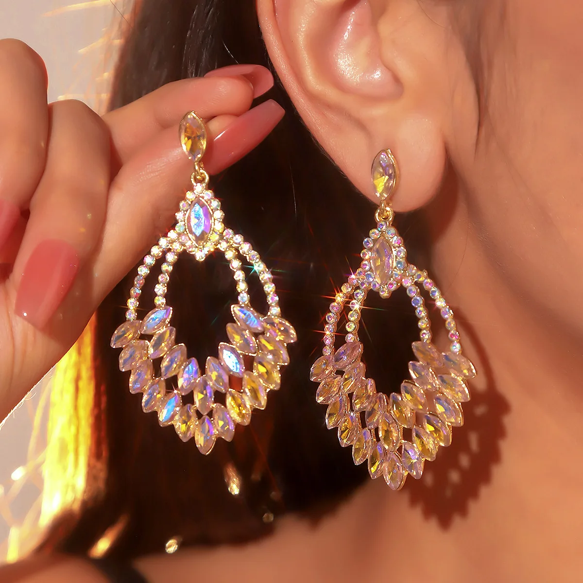 Fashion colored glass rhinestone earrings for women, personality exaggerated shiny ear jewelry temu source