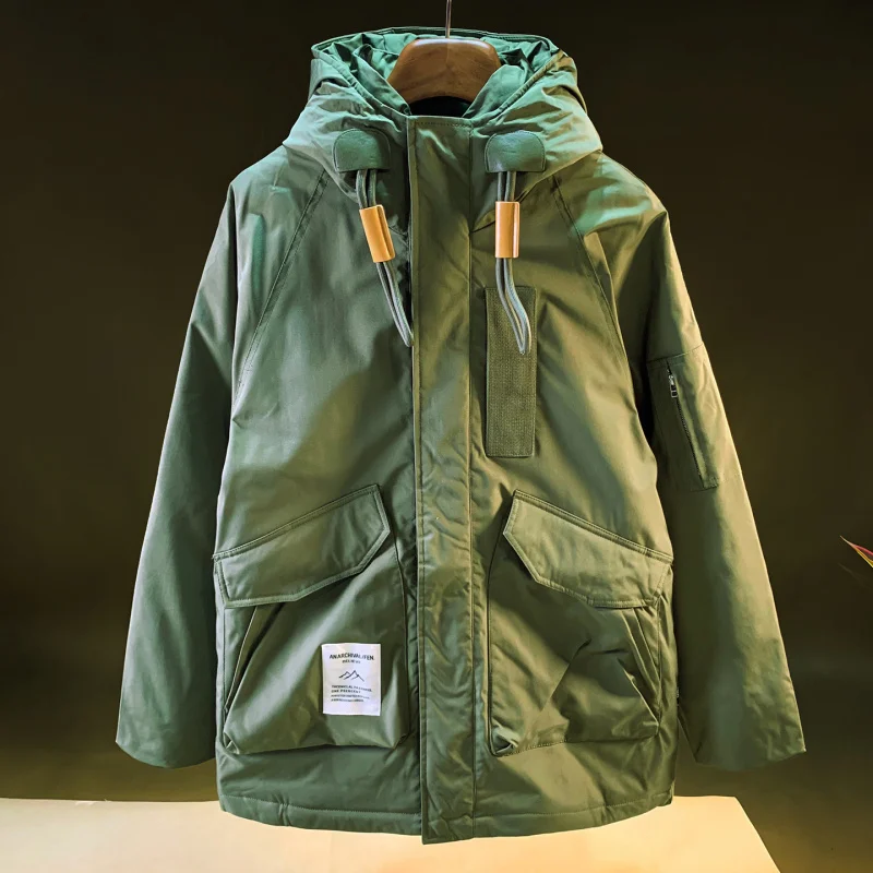 Outdoor mountaineering cold resistant hooded workwear down jacket men's 2025 winter cold resistant warm mid length down jacket