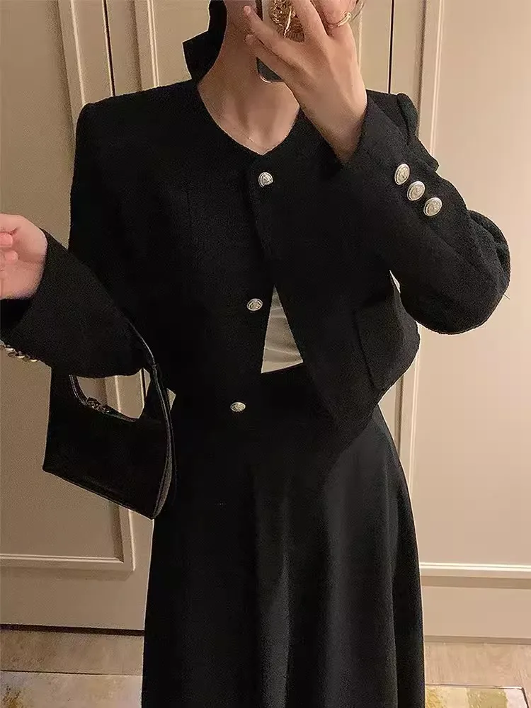 Autumn Fragrant Round Neck Single Breasted Casual Long Sleeved Short Thick Tweed Coat Women Jackets