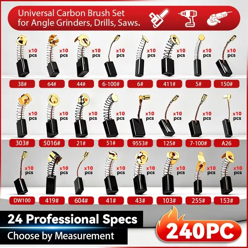 

240pcs Carbon Brushes 24 Types Assorted Motor Repair Kit Replacement Set Universal Fit
